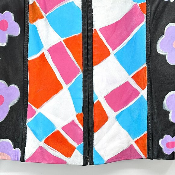 Upcycled Leather Vintage VS2 Black Hand Painted Genuine Leather Zip Up Jacket - Picture 3 of 7